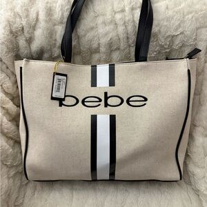 Bebe Beige and Black Striped Tote